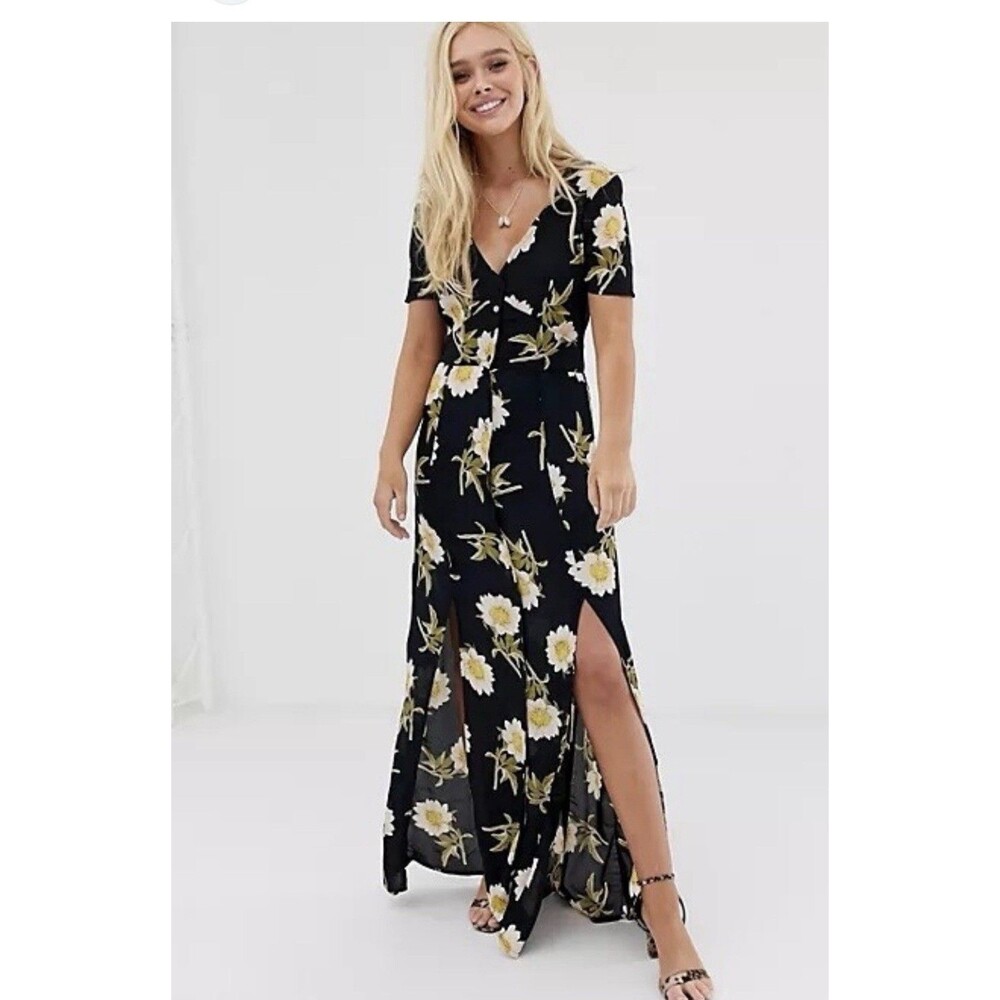 Miss Selfridge Floral Button Shirt Black Dess Maxi Women Size 4 Long UK 8